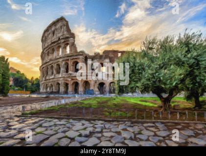 Rom, Italien, Sonnenuntergang hinter dem Kolosseum, kreative Illustration, impressionistisches Vintage-Design, Europa Stockfoto