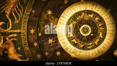 Zodiac markiert Horoskop Hintergrund. Konzept für Fantasy und Mystery, schwarz Stockfoto