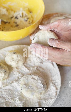 Kaukasische Frauenhände machen Hüttenkäse-Pfannkuchen mit Rosinen-Kochhintergrund Stockfoto