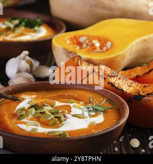 Hausgemachte rustikale Kürbissuppe mit Samen in Tonform auf Holztisch mit Brot-Gewürzen und Grüns beiseite Stockfoto