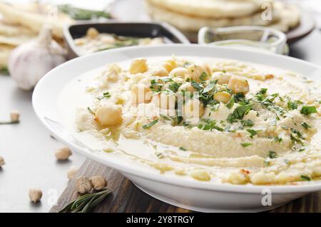 Frischer hausgemachter Hummus in Tonform mit Olivenöl, Kichererbsen und gehackten grünen Korianderblättern auf Steintisch serviert mit Gewürzen Stockfoto