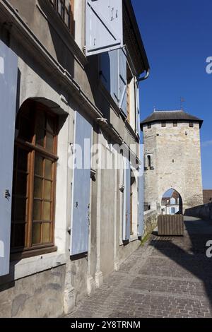 Straße und alte Brücke, Orthez, Pyrenäen Atlantiques, Aquitanien, Frankreich, Europa Stockfoto