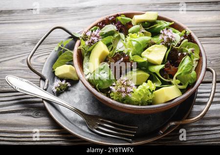 Ton Gericht mit Salat mit Avocado, grün und violett Kopfsalat, Feldsalat und Oregano Blumen mit Vintage Gabel beiseite Stockfoto