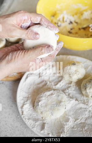 Kaukasische Frauenhände machen Hüttenkäse-Pfannkuchen mit Rosinen-Kochhintergrund Stockfoto