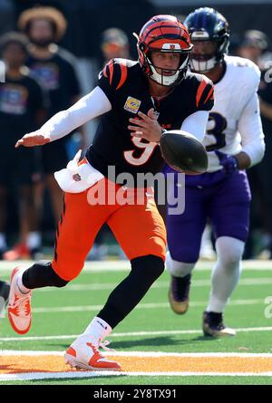 Cincinnati, Usa. Oktober 2024. Cincinnati Bengals Quarterback Joe Burrow (9) kämpft um einen lockeren Fußball gegen die Baltimore Ravens, die während der ersten Spielhälfte im Paycor Stadium am Sonntag, den 6. Oktober 2024, in Cincinnati, Ohio, verteidigt wurden. Foto von John Sommers II/UPI Credit: UPI/Alamy Live News Stockfoto