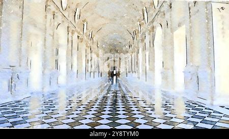 Kreative Illustration der Galerie Reggia di Venaria reale, Italien. Luxuriöse Marmor im barocken Königspalast Stockfoto