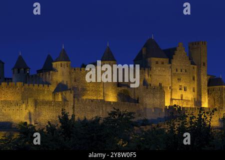 Einbruch der Dunkelheit in Carcassonne, Aude, Frankreich, Europa Stockfoto