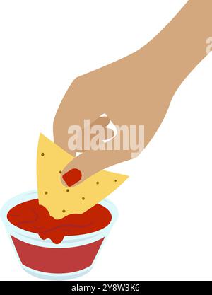 Weibliche Hand, die Maisnacho in einem Glas-Soße-Boot mit Salsa-Sauce taucht. Traditionelles mexikanisches Fast Food. Isolierte Vorderansicht. Vektor-Illustrationskarten, Poster, Banner, Broschüren, Menü, promotion oder Web, Tag Stock Vektor