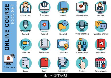 Symbolgruppe „Online-Kurs“. Symbolstil für farbige Umrisse. Symbol zum Online-Lernen. Online-Kurs, E-Learning, Tutorial und vieles mehr. Bildungselement V Stock Vektor