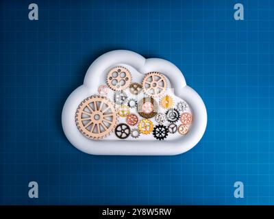 Cloud-Computing-Infrastruktur-Technologiemanagement, Data System Storage Service Workflow Insight Konzept. Verschiedene Zahnräder und Zahnräder in modernem Witz Stockfoto