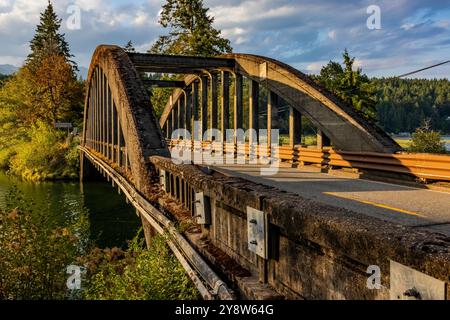 Eine der beiden historischen Brücken, die den Hamma Hamma River auf der Olympic Peninsula im US-Bundesstaat Washington überspannt Stockfoto