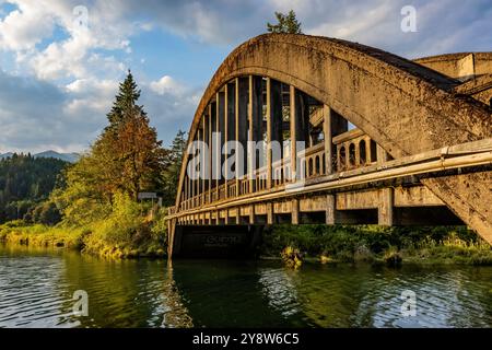 Eine der beiden historischen Brücken, die den Hamma Hamma River auf der Olympic Peninsula im US-Bundesstaat Washington überspannt Stockfoto