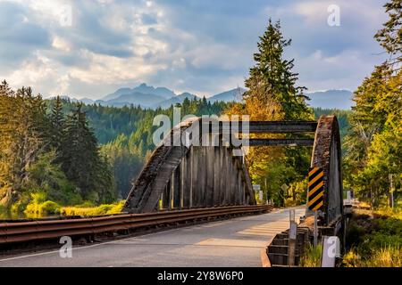 Eine der beiden historischen Brücken, die den Hamma Hamma River auf der Olympic Peninsula im US-Bundesstaat Washington überspannt Stockfoto