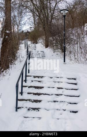 Schneebedeckte Treppen im Waldpark der Stadt Stockfoto