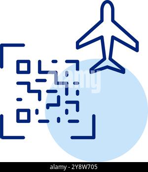 QR-Code mit Flugzeug. Kontaktloser Check-in und Boarding von Flügen. Pixelperfektes, bearbeitbares Konturvektorsymbol Stock Vektor