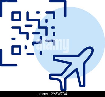 Ein Flugzeug mit einem QR-Code, das die kontaktlose Ticketausstellung oder den schnellen Zugriff auf Flugdetails veranschaulicht. Pixelperfektes, bearbeitbares Konturvektorsymbol Stock Vektor
