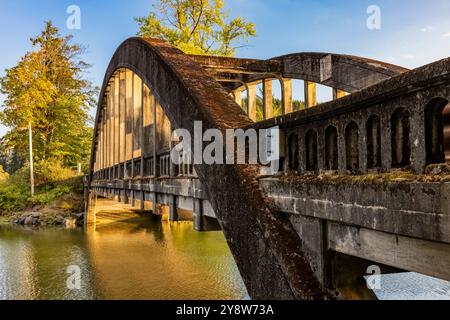 Eine der beiden historischen Brücken, die den Hamma Hamma River auf der Olympic Peninsula im US-Bundesstaat Washington überspannt Stockfoto