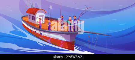 Leute fischen an Bord einer Yacht. Vektor-Karikaturillustration von glücklichen Kindern und Vätern, die Fische am Sommertag fangen, Blick von oben auf Boot auf blauem Meerwasser, Vögel fliegen in den Himmel, Freizeitaktivität Stock Vektor