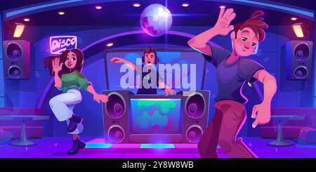 Leute auf der Nachtclub-Party. Comic Vektor Illustration von jungen Mann und Frau tanzt auf der Tanzfläche, männlichen dj Charakter spielt auf der Bühne hinter dem Deejay Stand, Tischen und glitzernden Ball an der Decke. Stock Vektor