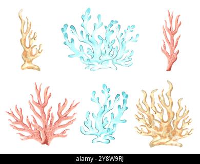 Korallenkollektion blau, rosa und beige. Set von handgezeichneter Unterwasseraquarell-Illustration isoliert. Mediterranes und tropisches Meer Stockfoto