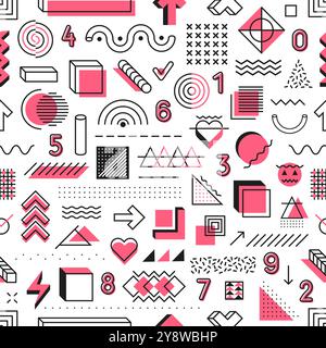 Abstrakte Memphis geometrische Formen nahtloser Musterhintergrund, Vektorfliese. Modernes oder Retro-Hipster-Memphis-Muster mit minimalen geometrischen Figuren, Zahlen und isometrischen Halbtonelementen für den Hintergrund Stock Vektor