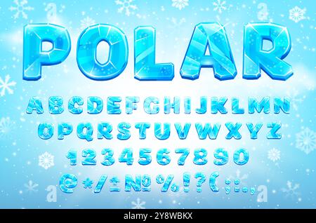 Zeichentrick blaue Kristallschrift oder Eisschriftart mit gefrorenem Wintertyp in Frost, Vektor-englisches Alphabet. Eisfontäne mit Eisbuchstaben aus Kristalleis mit Schneeflocken für Kinder-Zeichentrickfilm ABC Stock Vektor