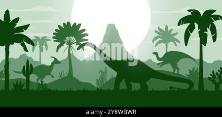 Prähistorische Dinosaurier-Silhouetten in Jurassic Forest Landschaft mit Sonnenuntergang, Vektor Hintergrund. Dino-Welt mit riesigen Karikaturen und prähistorischen Reptilien-Silhouette für Paläontologie-atlas oder Museum Stock Vektor