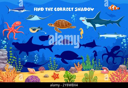 Finde den richtigen Schatten von Unterwassertieren und Fischen für Kinder Spiel, Vektor-Arbeitsblatt. Comic Puzzle, um die Silhouette von Unterwasserschildkröten, Stachelrochen und Seepferdchen mit Haien und Oktopus zu finden Stock Vektor