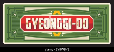 Gyeonggi-do Soutj Provinz Korea Retro-Reiseschild. Südkoreanische Region Vektor-Blechzeichen mit nationalem Ornament, Blumensymbol und Typografie. Reiseziel Asien, Souvenirschild Stock Vektor