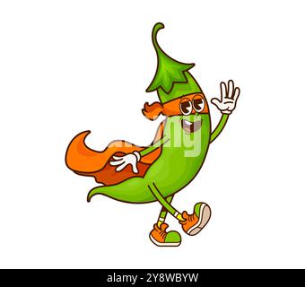 Cartoon groovige Leguminosen oder grüne Erbsenschoten Superheldenfigur mit entschlossenem Ausdruck, trägt orange cape und Maske, bekämpft das Böse mit übermenschlicher Kraft, angetrieben durch eine Ernährung aus nahrhaften Bohnen und Nüssen Stock Vektor