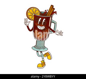 Cartoon Retro groovige Glühweinfigur mit funky freaky Gesicht, Vektor Comic Drink. Grooviger Retro-Cartoon-Glühwein mit Zimt und Orange, der lustig tanzt, mit freakigem Gesicht für positive Vibe-Emoji Stock Vektor