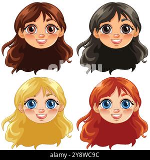 Vier Cartoon-Mädchen-Gesichter mit verschiedenen Haarfarben Stock Vektor