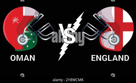 Oman vs England 3D Illustration Vektorflaggen über Cricket Helm für gegen Match mit schwarzem Hintergrund Stock Vektor