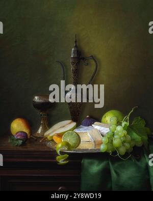 Stilleben mit Wein und Käse im Renaissance-Stil Stockfoto