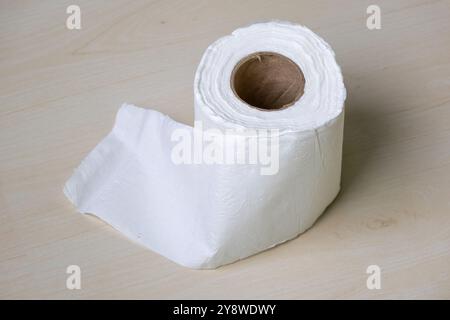 Neue weiße Rolle Toilettenpapier, auf eine Holzfläche gelegt. Stockfoto