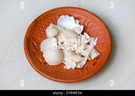 Gebrochene Eierschalen in einer Tonplatte. Recycling von Küchenabfällen, zerstoßenen Eierschalen für Kompost und Garten. Stockfoto