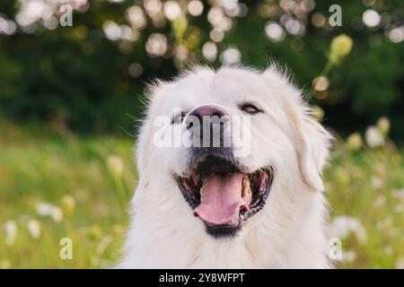 Niedliches großes weißes Hundeteil, Porträt. Toller Pyrenäenhund mit Kopfschuss draußen. Stockfoto