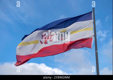 Flagge von Mecklenburg-Vorpommern im Wind mit blauem Himmel. Deelstaat, Staat, Land, Waving, mv Stockfoto