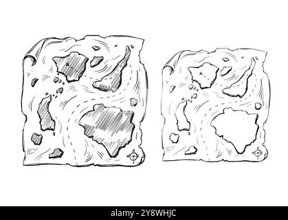 Mittelalterliche Karte mit der mittelalterlichen insel vor dem Hintergrund des Wildwassers. Spielansicht. Handgezeichnetes Symbol für den Journey Way in Form von Freihandlinien in schwarzer Tinte in Kunstcartoon Stock Vektor