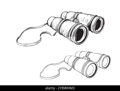 Klassisches effizientes, schwarzes Metallic-Binokular, isoliert auf weiß. Vektor-Freihandtinte gezeichnete Hintergrundskizze in Scribble Antike Stil von Stock Vektor