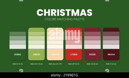 Farbpaletten oder Farbschemata für Weihnachtsmotive sind Trendkombinationen und Palettenleitfäden dieses Jahr, eine Tabelle Farbschattierungen in RGB oder HEX. Ein Farbschwader Stock Vektor