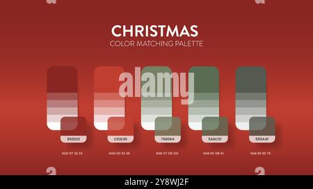 Farbpaletten oder Farbschemata für Weihnachtsmotive sind Trendkombinationen und Palettenleitfäden dieses Jahr, eine Tabelle Farbschattierungen in RGB oder HEX. Ein Farbschwader Stock Vektor