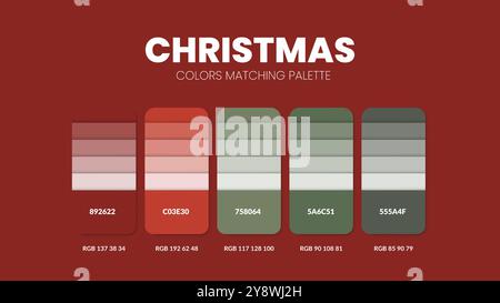 Farbpaletten oder Farbschemata für Weihnachtsmotive sind Trendkombinationen und Palettenleitfäden dieses Jahr, eine Tabelle Farbschattierungen in RGB oder HEX. Ein Farbschwader Stock Vektor