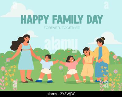 Fröhlicher Familientag in lebendiger Landschaft. Vektorabbildungen. Stock Vektor