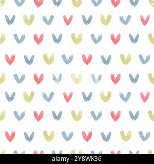 Hand gezeichnetes Aquarell blau grün und rote Herzen nahtloses Muster isoliert auf weißem Hintergrund. Valentine Illustration kann für Textilien, Stoff, Stockfoto