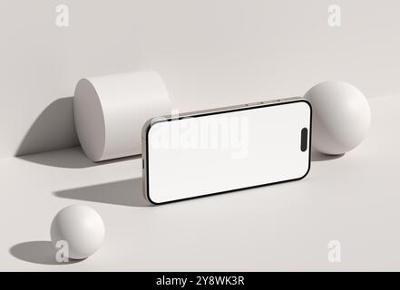 Smartphone-Modell mit leerem Bildschirm, Vorlage mit geometrischen Objekten auf grauem Hintergrund. 3D-Rendering. Stockfoto