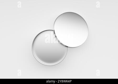 Geöffnete runde Aluminium-Blechdose auf weißem Hintergrund. Vorlagenmodell für Produktanzeige und -Platzierung. Draufsicht. 3D-Rendering. Stockfoto