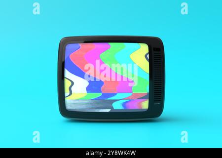 Signalstörungen verloren oder nicht vorhanden und Rauschen auf einem Vintage-TV-Bildschirm auf blauem Hintergrund. Broadcast-Probleme. 3D-Rendering. Stockfoto