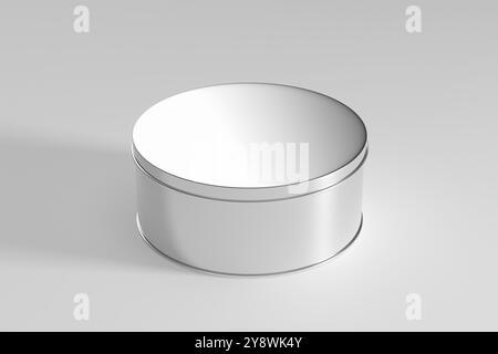 Runde Aluminium-Blechdose auf weißem Hintergrund. Hochwinkelansicht. 3D-Rendering. Stockfoto