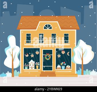 Süßwarenladen, Süßwarenladen, Süßwaren, Bäckerei mit Weihnachtsdekoration in der Winternacht. Vorderansicht anzeigen. Stock Vektor